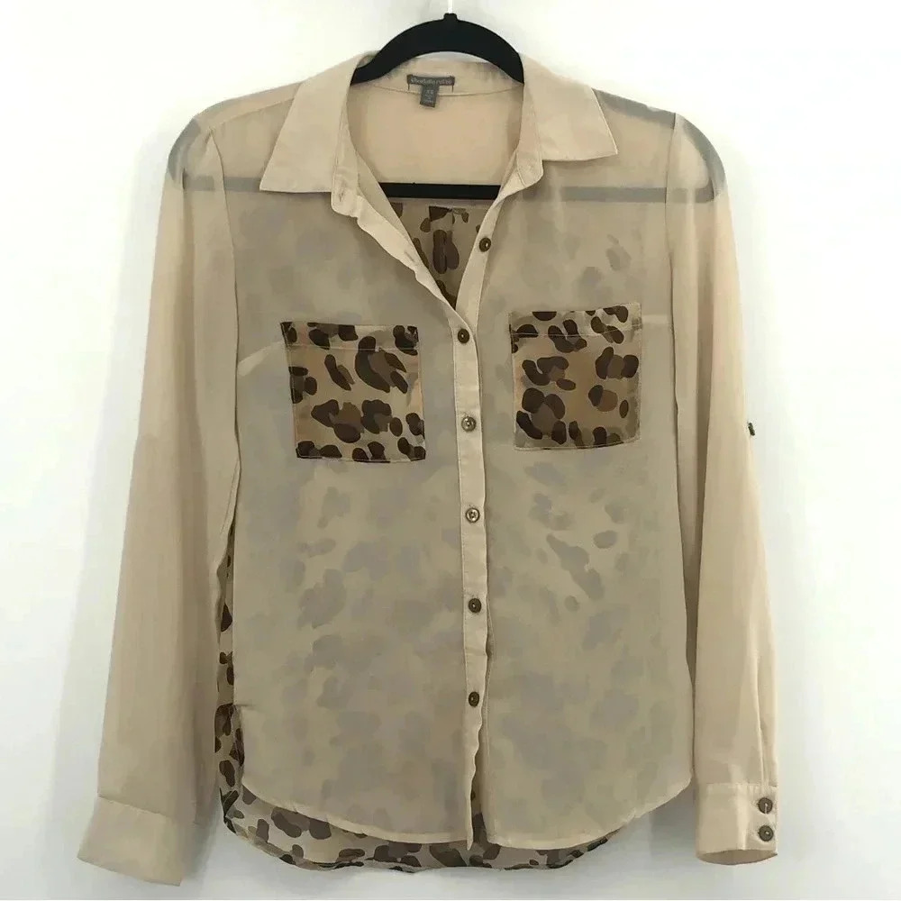 Charlotte Russe Leopard Print/Cream Button Down Blouse with Chest Pockets